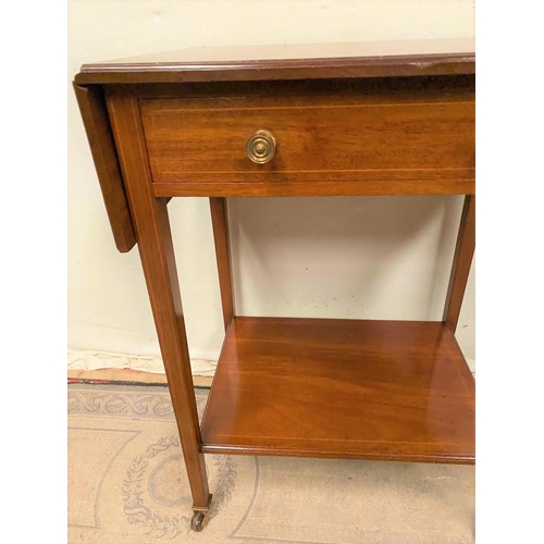 107 - A GOOD MAHOGANY STRING INLAID DROP LEAF SIDE TABLE, with a single drawer to the frieze, raised on ta... 