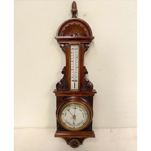 108 - A 19TH CENTURY MAHOGANY CARVED BAROMETER, nicely decorated all over with floral carved design and a ... 