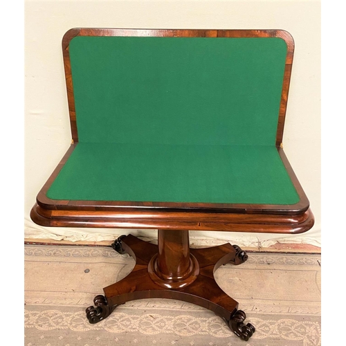 12 - A VERY FINE ROSEWOOD WILLIAM IV FOLD OVER CARD TABLE, with rounded edges to the fold over top, which... 