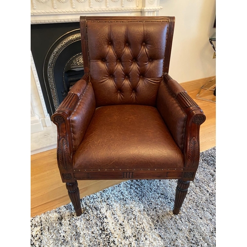 124 - A FINE MAHOGANY & LEATHER DESK CHAIR / ARMCHAIR, very nice button back detail and floral and foliage... 