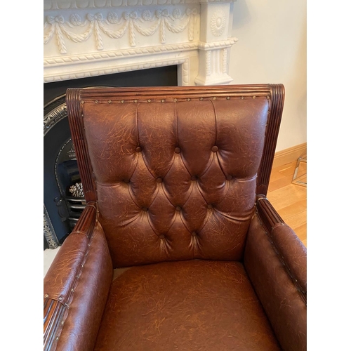 124 - A FINE MAHOGANY & LEATHER DESK CHAIR / ARMCHAIR, very nice button back detail and floral and foliage... 