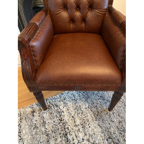 124 - A FINE MAHOGANY & LEATHER DESK CHAIR / ARMCHAIR, very nice button back detail and floral and foliage... 