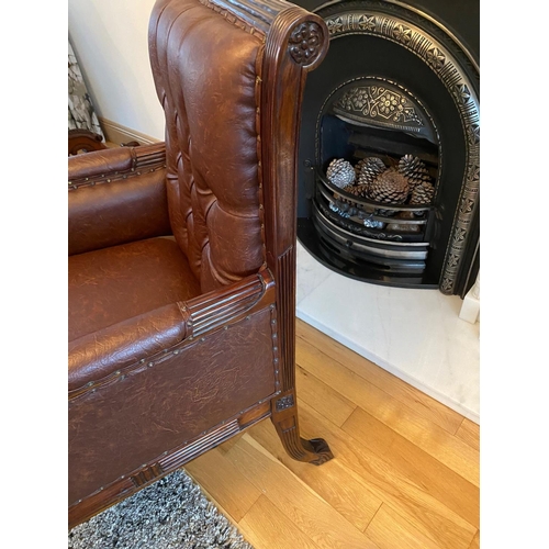 124 - A FINE MAHOGANY & LEATHER DESK CHAIR / ARMCHAIR, very nice button back detail and floral and foliage... 