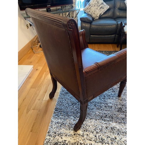 124 - A FINE MAHOGANY & LEATHER DESK CHAIR / ARMCHAIR, very nice button back detail and floral and foliage... 