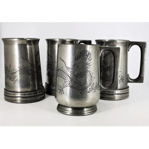 128 - FOUR CHINESE PEWTER MUGS BY KUT HING, Swatow, each decorated with engraved design of dragons, three ... 