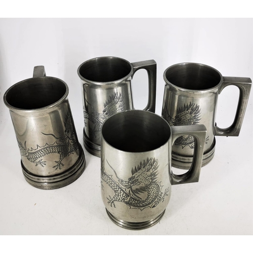 128 - FOUR CHINESE PEWTER MUGS BY KUT HING, Swatow, each decorated with engraved design of dragons, three ... 