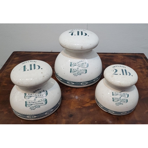 130 - A COLLECTORS ITEM: A RARE SET OF THREE 19TH CENTURY W&T AVERY PORCELAIN IMPERIAL LEAD GROCERS WEIGHT... 