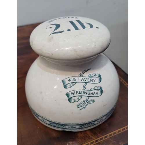 130 - A COLLECTORS ITEM: A RARE SET OF THREE 19TH CENTURY W&T AVERY PORCELAIN IMPERIAL LEAD GROCERS WEIGHT... 