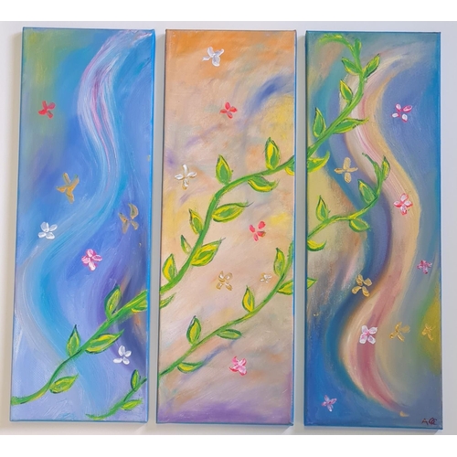 133 - ANNE QUIRKE CAHILL, (IRISH 20TH CENTURY), SPRING, oil and acrylic on canvas, a triptych. 31 x 30 x 1... 