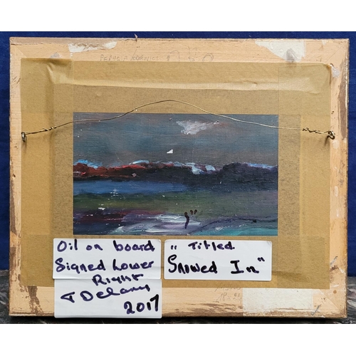 138 - TERRY DELANEY, (IRISH 20TH CENTURY), SNOWED IN, oil on board, signed lower right, inscribed and date... 