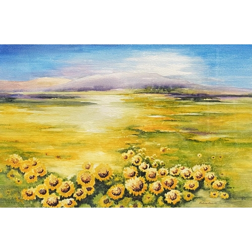 141 - BARBARA BARRETT (Irish, 20th Century), “SUNFLOWER FIELD”, watercolour on paper, signed lower right, ... 