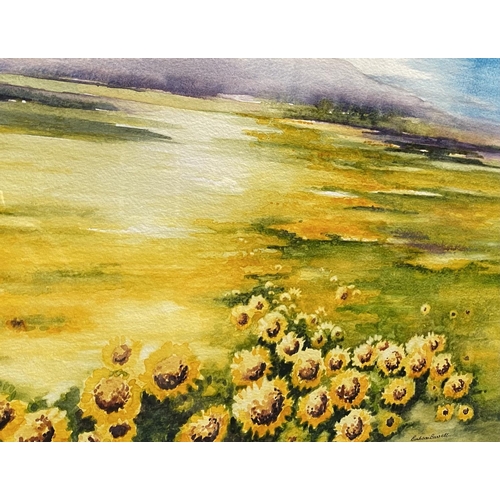 141 - BARBARA BARRETT (Irish, 20th Century), “SUNFLOWER FIELD”, watercolour on paper, signed lower right, ... 