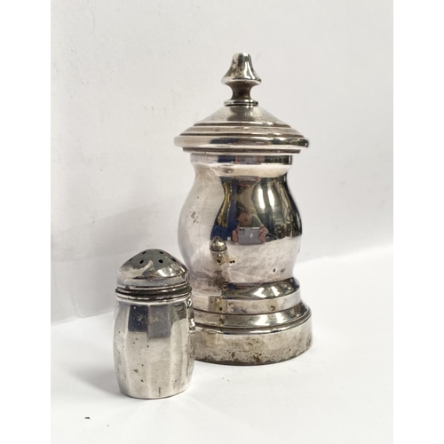 157 - A STERLING SILVER SALT AND SILVER PEPPER MILL, Marked 800 to base, salt Marked Sterling 925 to base.... 