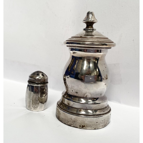 157 - A STERLING SILVER SALT AND SILVER PEPPER MILL, Marked 800 to base, salt Marked Sterling 925 to base.... 