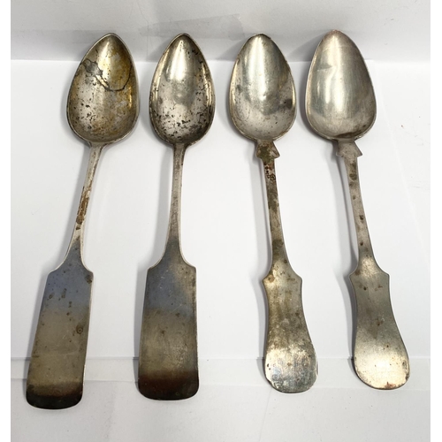 158 - A PAIR SILVER TABLE SPOONS, Marked 750, engraved and dated 1875, along with two others, one Hallmark... 