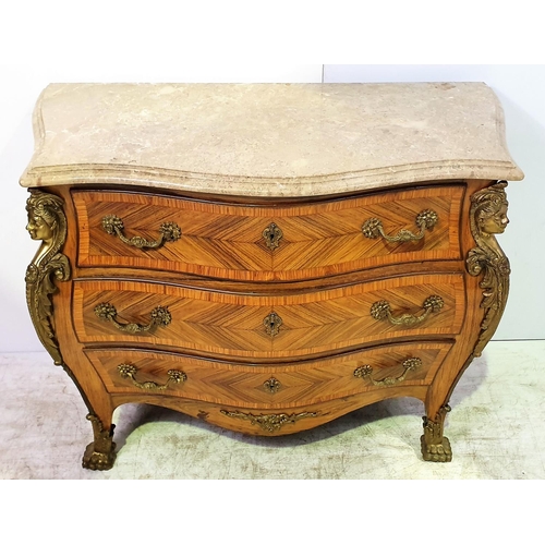 16 - AN ELEGANT MID 20TH CENTURY KINGWOOD & TULIPWOOD MARBLE TOPPED BOMBE SHAPED CHEST OF DRAWERS, this t... 