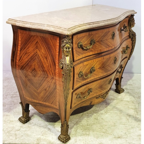 16 - AN ELEGANT MID 20TH CENTURY KINGWOOD & TULIPWOOD MARBLE TOPPED BOMBE SHAPED CHEST OF DRAWERS, this t... 