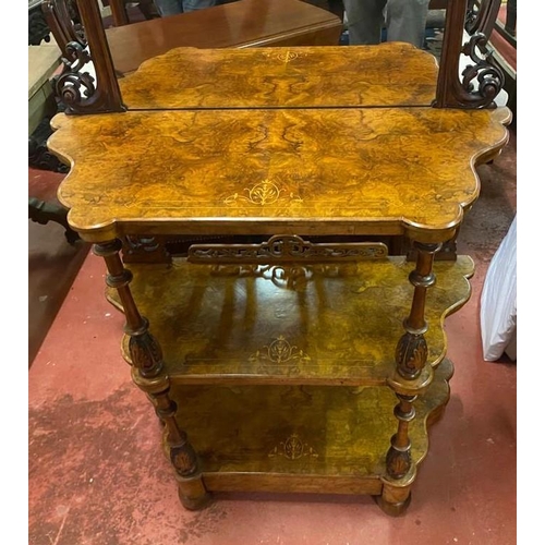 174 - A VERY FINE IRISH BURR WALNUT THREE TIER WHAT-NOT CABINET, with exceptional burr walnut grain and de... 