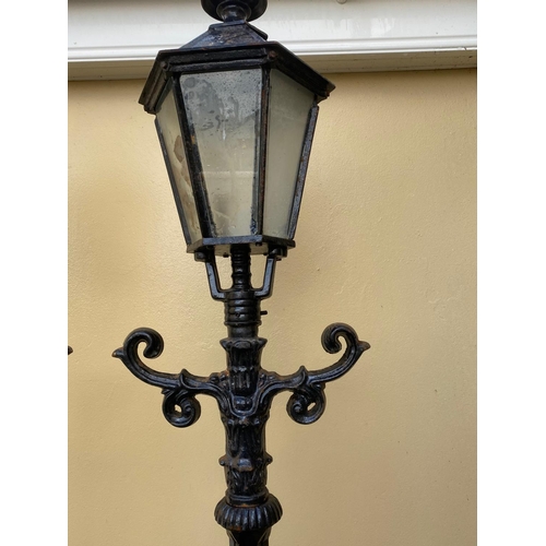 180 - A GOOD PAIR OF CAST IRON GARDEN LAMPS / DRIVEWAY LAMPS, 240cm tall approximately.