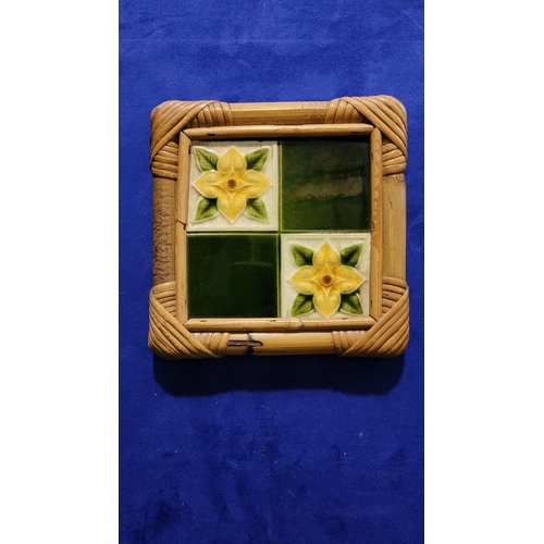 184 - A SET OF THREE FRAMED LATE 19TH CENTURY MAJOLICA TILES, two marked to the back with maker’s stamp: M... 