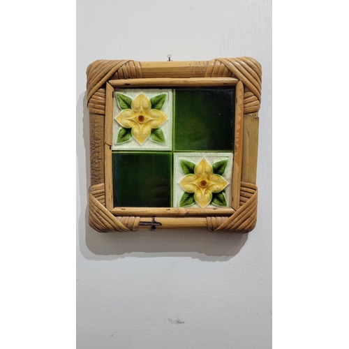 184 - A SET OF THREE FRAMED LATE 19TH CENTURY MAJOLICA TILES, two marked to the back with maker’s stamp: M... 