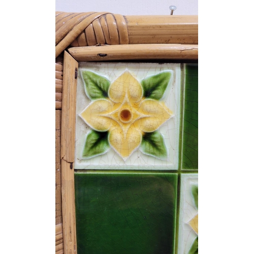 184 - A SET OF THREE FRAMED LATE 19TH CENTURY MAJOLICA TILES, two marked to the back with maker’s stamp: M... 