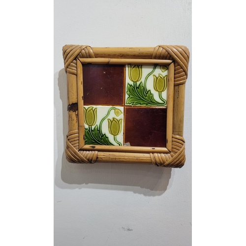 184 - A SET OF THREE FRAMED LATE 19TH CENTURY MAJOLICA TILES, two marked to the back with maker’s stamp: M... 