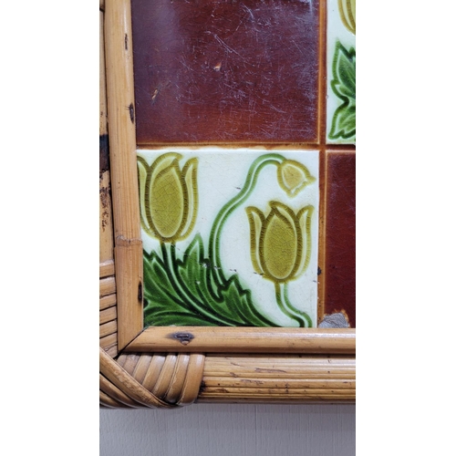 184 - A SET OF THREE FRAMED LATE 19TH CENTURY MAJOLICA TILES, two marked to the back with maker’s stamp: M... 