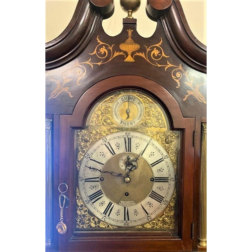 190 - A FINE EDWARDIAN BRASS MOUNTED CHIMING LONGCASE CLOCK, with neoclassical style marquetry inlaid deta... 