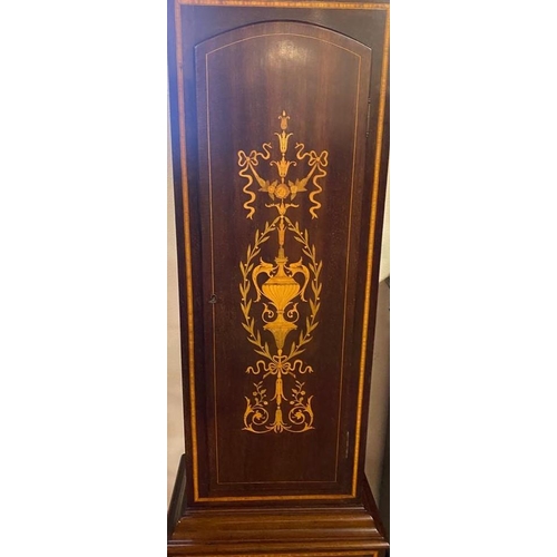 190 - A FINE EDWARDIAN BRASS MOUNTED CHIMING LONGCASE CLOCK, with neoclassical style marquetry inlaid deta... 