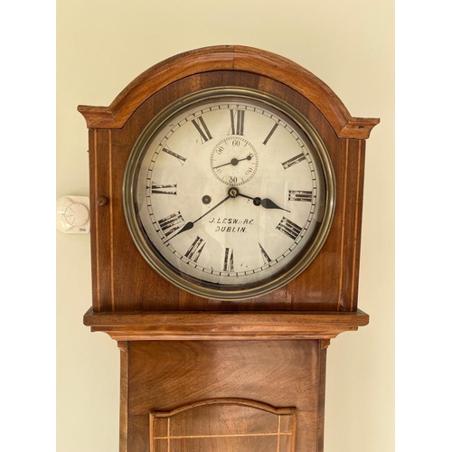 203 - AN IRISH MAHOGANY LONGCASE CLOCK, with arched hood, above a long hinged door, both with inlay detail... 