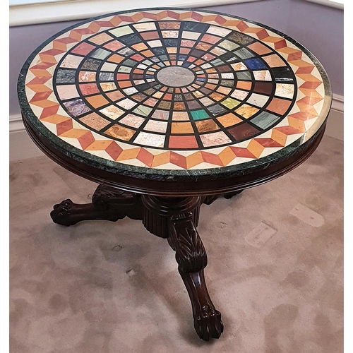 24 - A STUNNING 19TH CENTURY MAHOGANY BASED MARBLE TOPPED ‘SPECIMEN’ TABLE, the circular shaped top compr... 