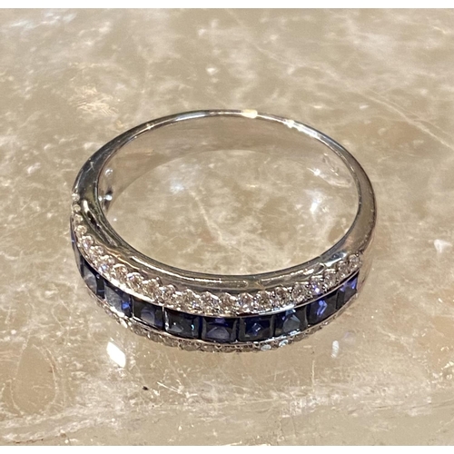 36 - A FANTASTIC FRENCH CUT BLUE SAPPHIRE & DIAMOND TRIPLE BAND HALF ETERNITY RING, with 18ct white gold ... 