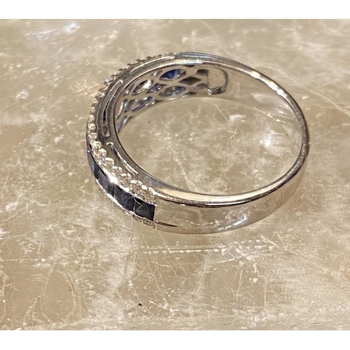 36 - A FANTASTIC FRENCH CUT BLUE SAPPHIRE & DIAMOND TRIPLE BAND HALF ETERNITY RING, with 18ct white gold ... 