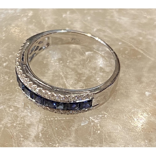 36 - A FANTASTIC FRENCH CUT BLUE SAPPHIRE & DIAMOND TRIPLE BAND HALF ETERNITY RING, with 18ct white gold ... 