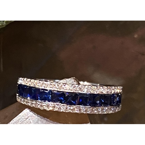 36 - A FANTASTIC FRENCH CUT BLUE SAPPHIRE & DIAMOND TRIPLE BAND HALF ETERNITY RING, with 18ct white gold ... 