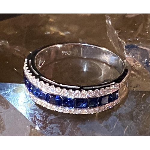 36 - A FANTASTIC FRENCH CUT BLUE SAPPHIRE & DIAMOND TRIPLE BAND HALF ETERNITY RING, with 18ct white gold ... 