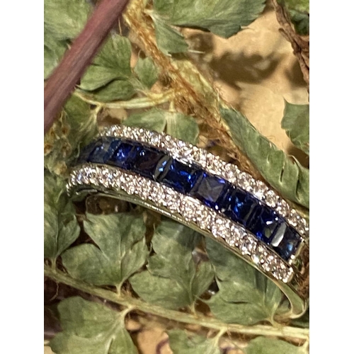 36 - A FANTASTIC FRENCH CUT BLUE SAPPHIRE & DIAMOND TRIPLE BAND HALF ETERNITY RING, with 18ct white gold ... 