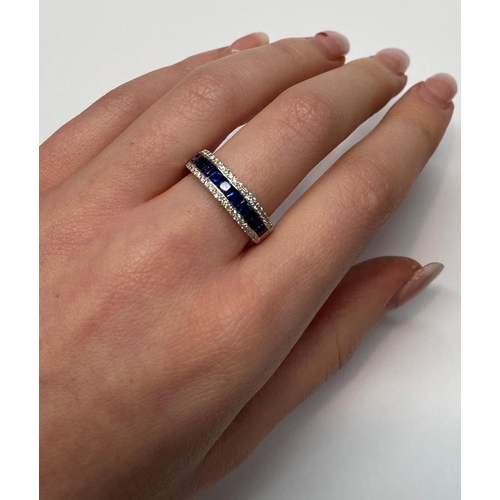 36 - A FANTASTIC FRENCH CUT BLUE SAPPHIRE & DIAMOND TRIPLE BAND HALF ETERNITY RING, with 18ct white gold ... 