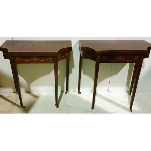 42 - A VERY FINE & RARE PAIR OF 18TH CENTURY MAHOGANY SATINWOOD INLAID FOLD OVER CARD TABLES, each table ... 