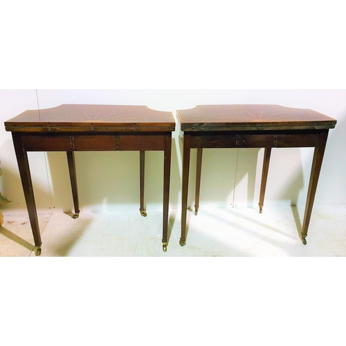 42 - A VERY FINE & RARE PAIR OF 18TH CENTURY MAHOGANY SATINWOOD INLAID FOLD OVER CARD TABLES, each table ... 