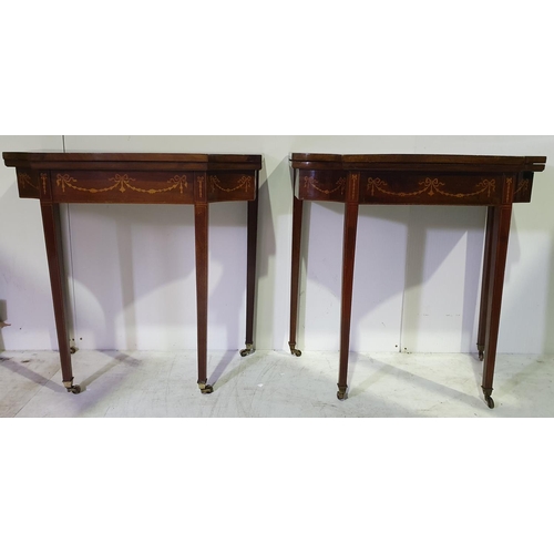 42 - A VERY FINE & RARE PAIR OF 18TH CENTURY MAHOGANY SATINWOOD INLAID FOLD OVER CARD TABLES, each table ... 