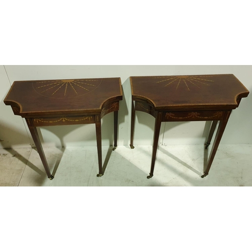 42 - A VERY FINE & RARE PAIR OF 18TH CENTURY MAHOGANY SATINWOOD INLAID FOLD OVER CARD TABLES, each table ... 