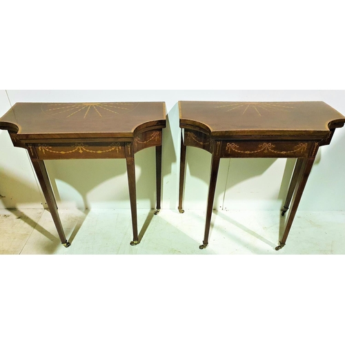 42 - A VERY FINE & RARE PAIR OF 18TH CENTURY MAHOGANY SATINWOOD INLAID FOLD OVER CARD TABLES, each table ... 