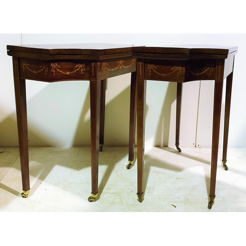 42 - A VERY FINE & RARE PAIR OF 18TH CENTURY MAHOGANY SATINWOOD INLAID FOLD OVER CARD TABLES, each table ... 