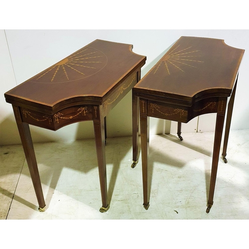 42 - A VERY FINE & RARE PAIR OF 18TH CENTURY MAHOGANY SATINWOOD INLAID FOLD OVER CARD TABLES, each table ... 