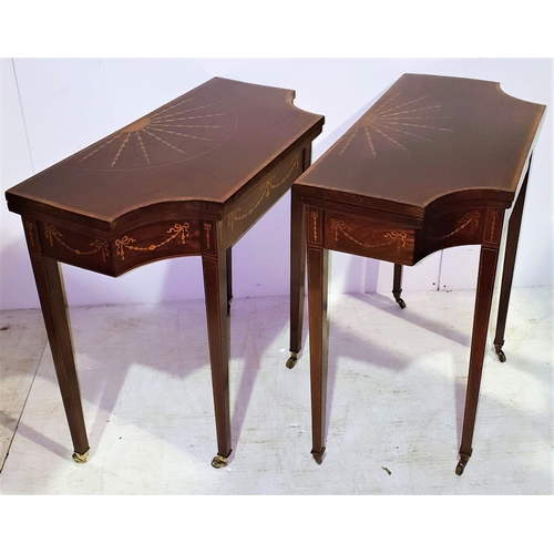 42 - A VERY FINE & RARE PAIR OF 18TH CENTURY MAHOGANY SATINWOOD INLAID FOLD OVER CARD TABLES, each table ... 