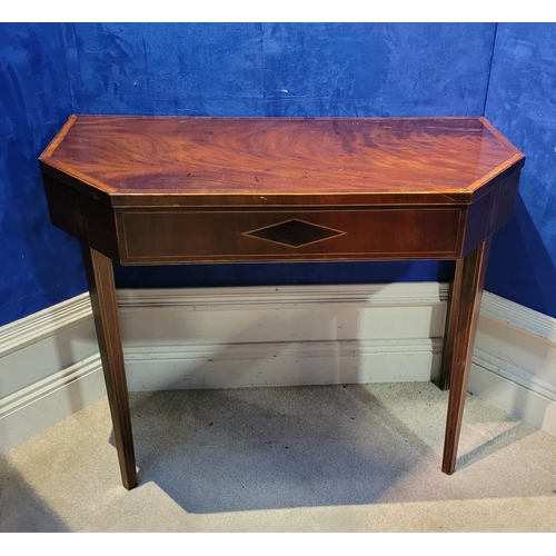 43 - AN IRISH GEORGIAN MAHOGANY & SATINWOOD INLAID FOLD OVER CARD TABLE, with canted front corners, the t... 