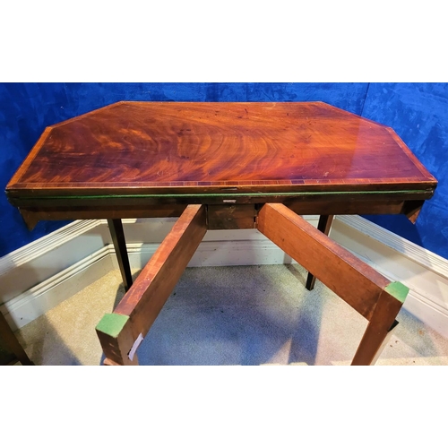 43 - AN IRISH GEORGIAN MAHOGANY & SATINWOOD INLAID FOLD OVER CARD TABLE, with canted front corners, the t... 