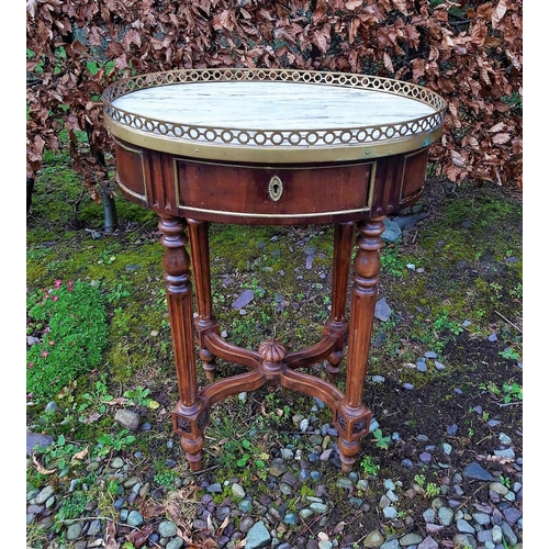 44 - A GOOD QUALITY 19TH CENTURY FRENCH MARBLE TOPPED WINE TABLE, with raised pierced brass gallery to th... 